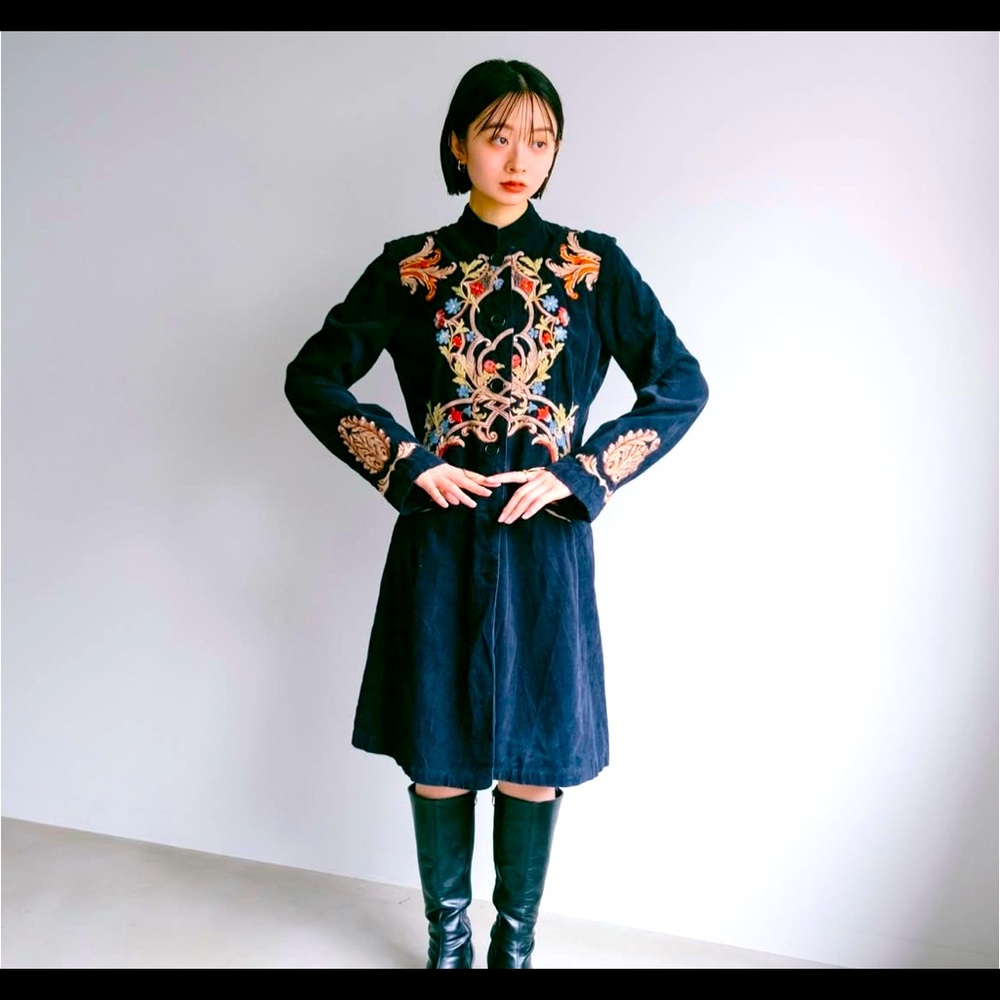 Johnny Was Corduroy Embroidered Navy Blue Long Coat  size S/M